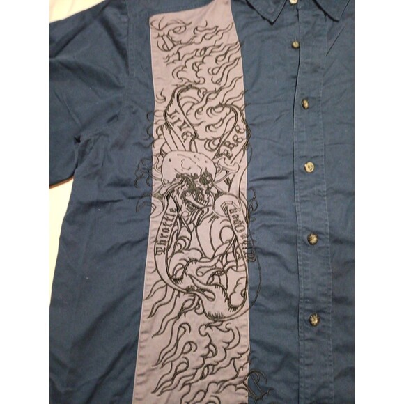 Harley Davidson Button Up Short Sleeve Shirt Men's XL Blue/Gray Skulls - Picture 2 of 7